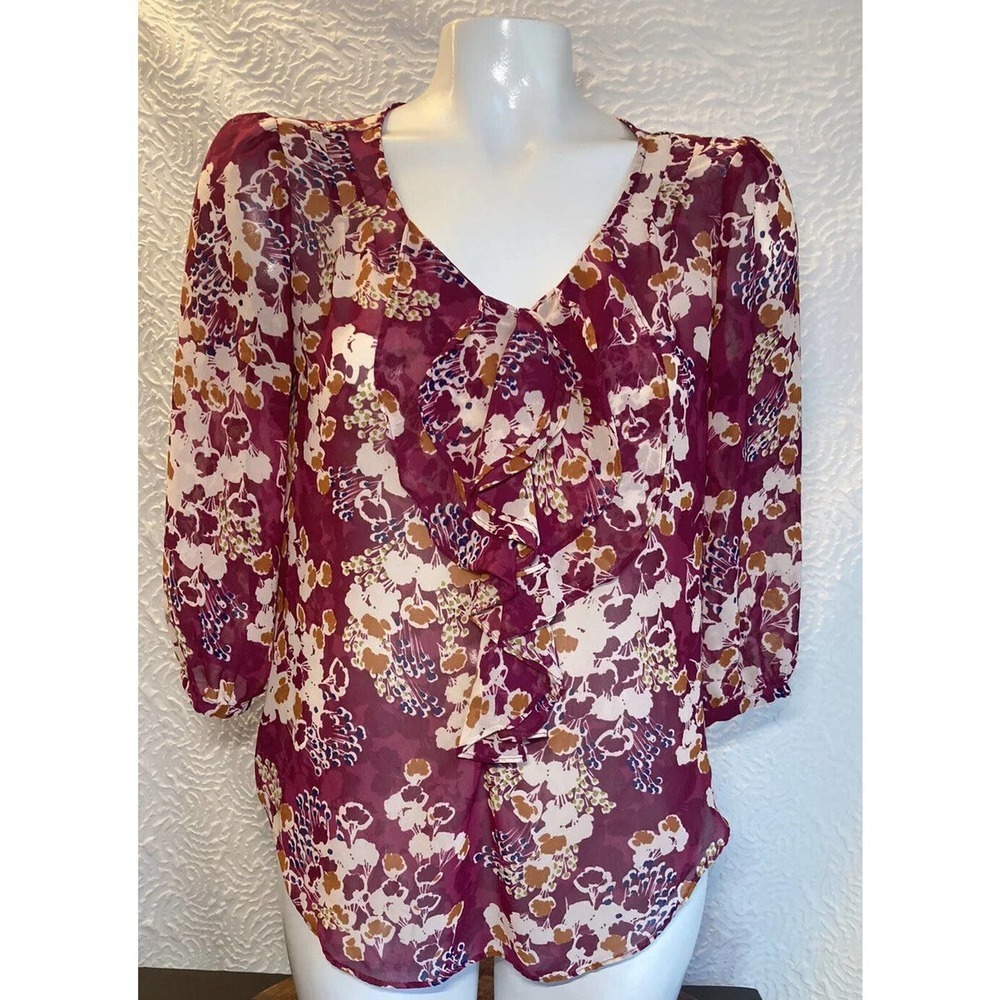 Elle Women's Sheer Pink Flowers Floral Pullover Blouse Size Small Ruffle Front